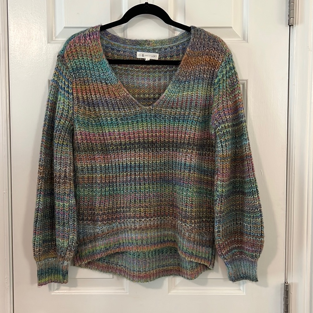 Rainbow Stripe V Neck Pullover Sweater - S - Lou & Grey for Loft